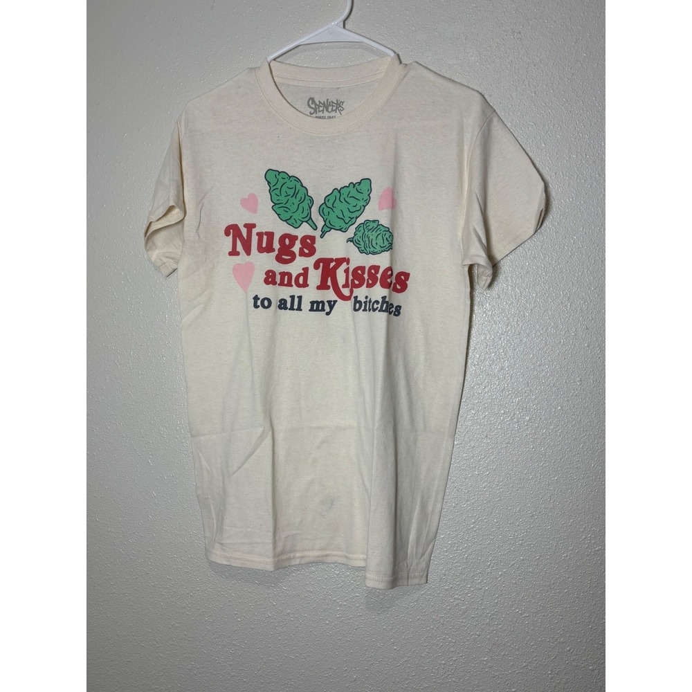 Spencers Nugs and Kisses Weed Graphic T-Shirt Mens Small Cream 420 Novelty Tee